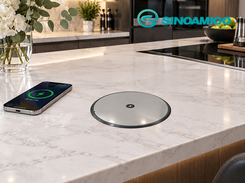 Ổ điện &acirc;m b&agrave;n đảo bếp n&acirc;ng hạ tự động cảm ứng Touch Smart Sinoamigo SMT-6S c&oacute; sạc kh&ocirc;ng d&acirc;y 15W