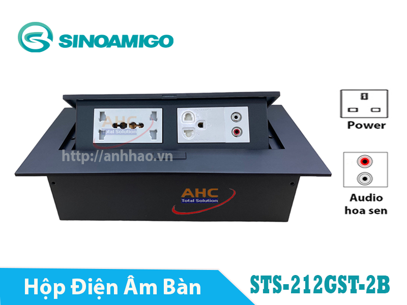 Hộp ổ điện âm bàn văn phòng Sioamigo STS-212GST-2B màu đen. Tích hợp 3 ổ điện, 1 ổ Audio 3.5 hoa sen