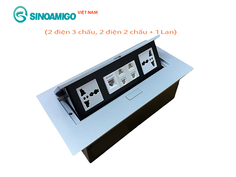 Ổ điện âm bàn Sinoamigo STS-212S lắp bàn làm việc, phòng họp (gồm 4 ổ điện, 1 ổ mạng)