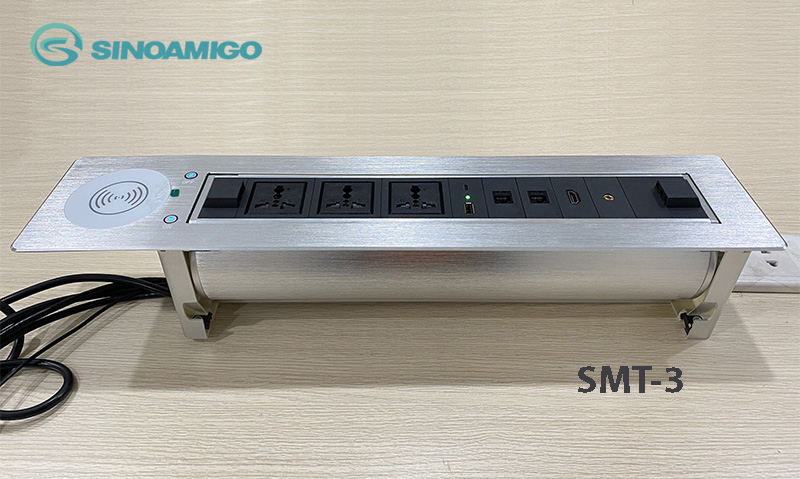 Ổ điện âm bàn họp đa năng Sinoamigo SMT-3 xoay 180 độ, có sạc không dây cho văn phòng