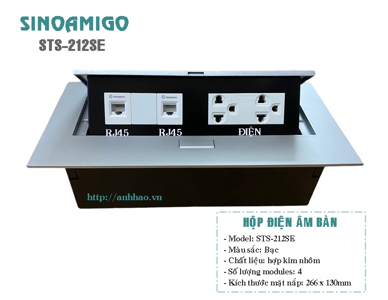 Ổ điện mạng âm bàn Sinoamigo STS-212SE màu bạc (gồm 2 ổ điện, 2 ổ mạng)