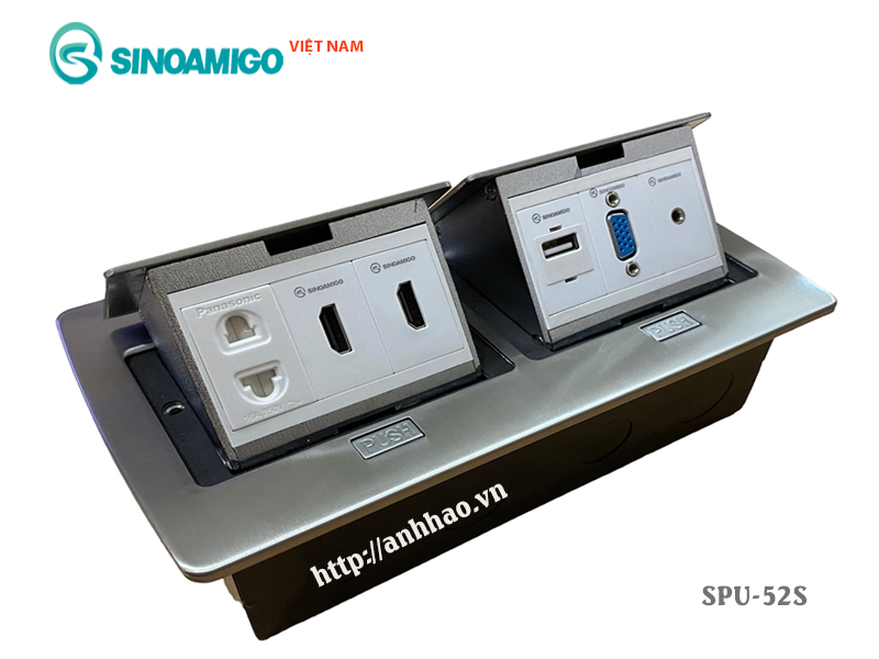 Ổ cắm âm sàn đôi Sinoamigo SPU-52S inox đúc nguyên tấm - Lắp 1 điện, 2 HDMI, 1 USB data, 1 Audio 3.5mm