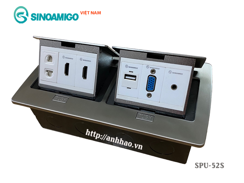 Ổ cắm âm sàn đôi Sinoamigo SPU-52S inox đúc nguyên tấm - Lắp 1 điện, 2 HDMI, 1 USB data, 1 Audio 3.5mm