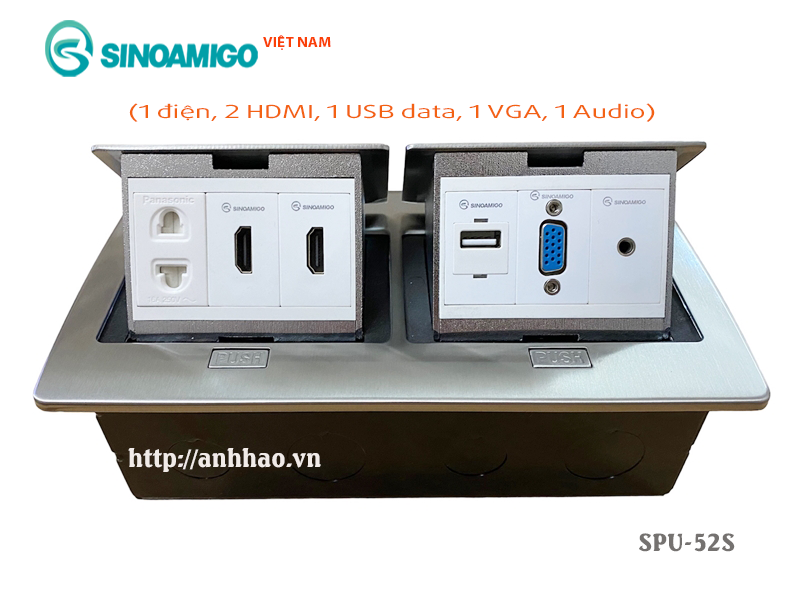 Ổ cắm âm sàn đôi Sinoamigo SPU-52S inox đúc nguyên tấm - Lắp 1 điện, 2 HDMI, 1 USB data, 1 Audio 3.5mm