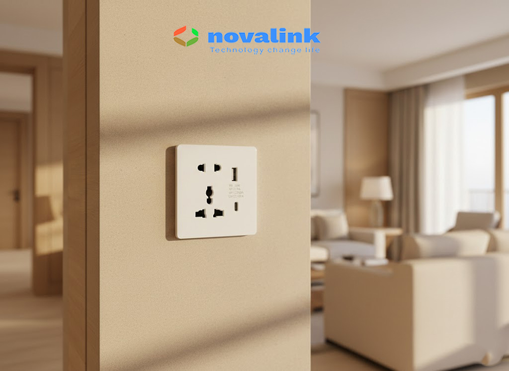 Ổ cắm sạc nhanh USB-C/ USB-A &acirc;m tường k&egrave;m ổ điện Novalink NV-SW1AC -Sạc nhanh, thiết kế hiện đại