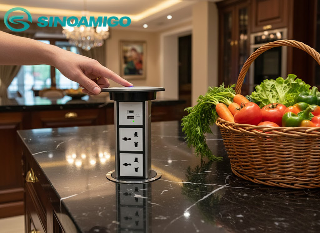 Ổ điện âm bàn đảo bếp Sinoamigo SMT-4S (bạc): Nâng hạ cảm ứng , tích sạc không dây 15W, chống nước IP54