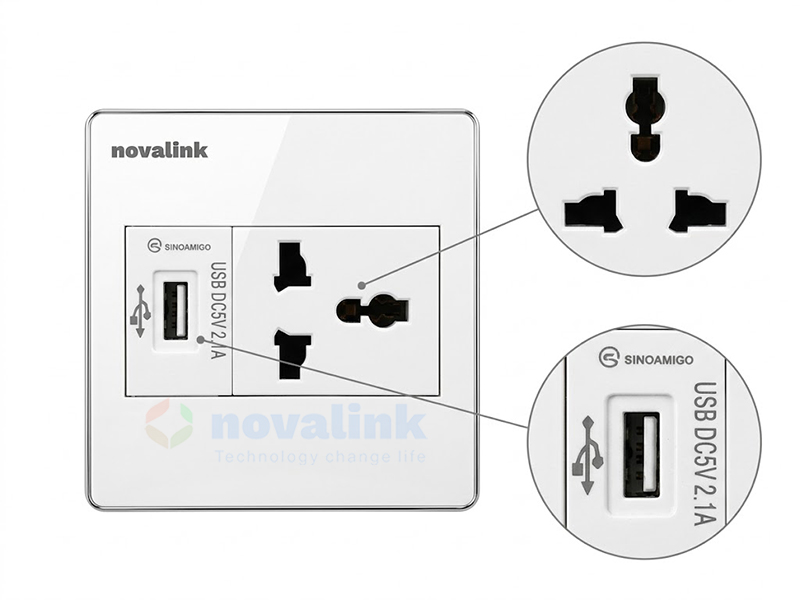 Ổ điện vuông âm tường kèm cổng USB 5V-2.1A sạc điện thoại