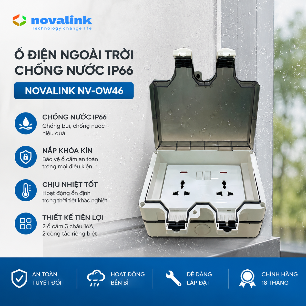 Hộp điện đ&ocirc;i ngo&agrave;i trời chống nước IP66 Novalink NV-OW46, c&oacute; c&ocirc;ng tắc