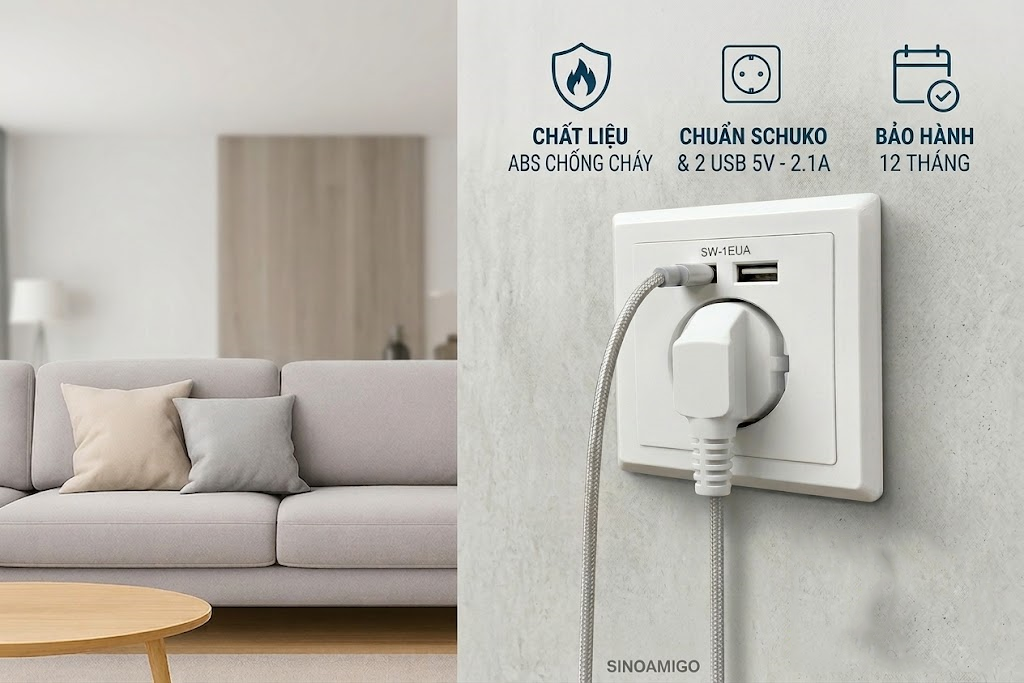 Ổ cắm điện Schuko âm tường có 2 cổng USB sạc nhanh Sinoamigo SW-1EUA
