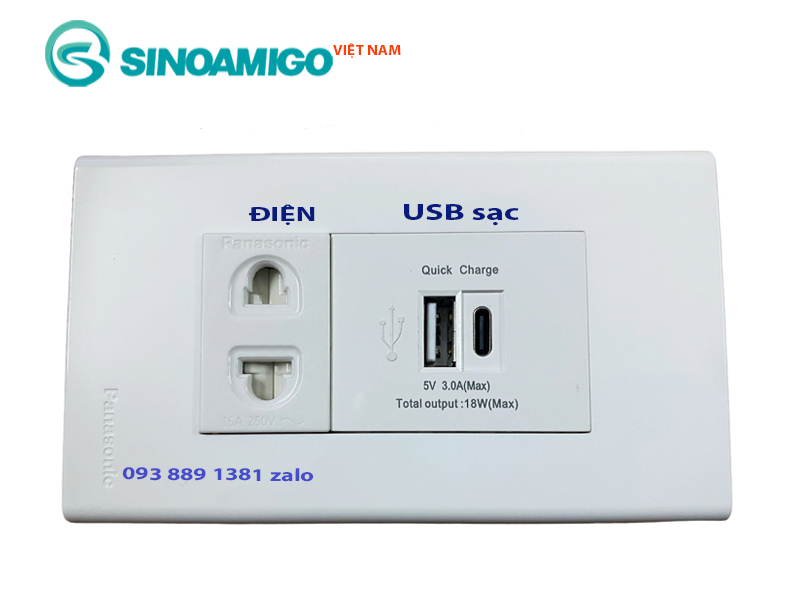 Ổ cắm USB type C âm tường kèm ổ điện Sinoamigo P21-QC1, công nghệ sạc nhanh QC 3.0