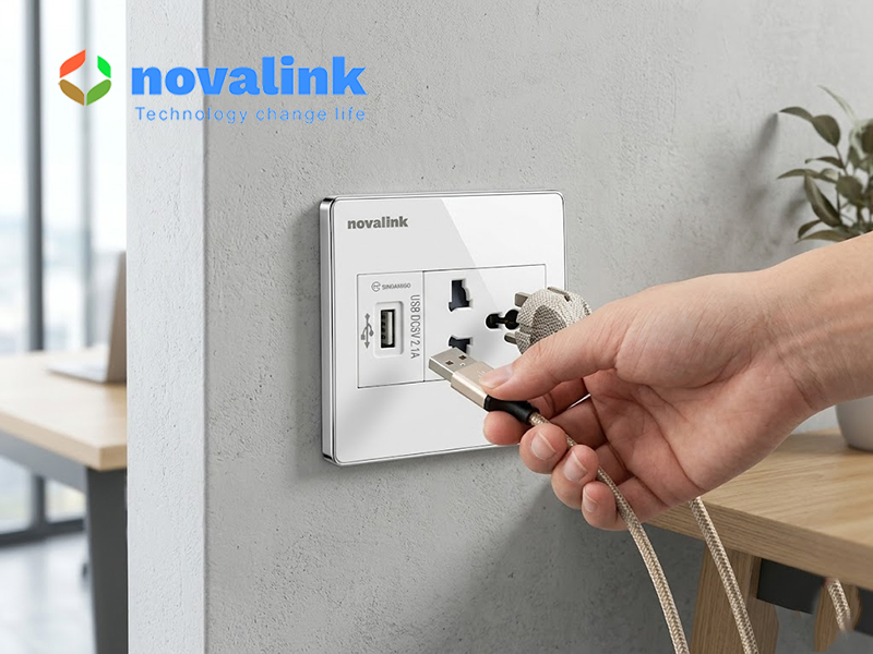 Ổ điện vuông âm tường kèm cổng USB 5V-2.1A sạc điện thoại