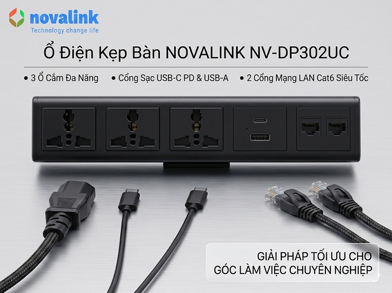Ổ điện kẹp bàn Novalink NV-DP302UC 3 ổ cắm đa năng, USB-C/A, 2 cổng mạng LAN Cat6 cho bàn họp và bàn làm việc