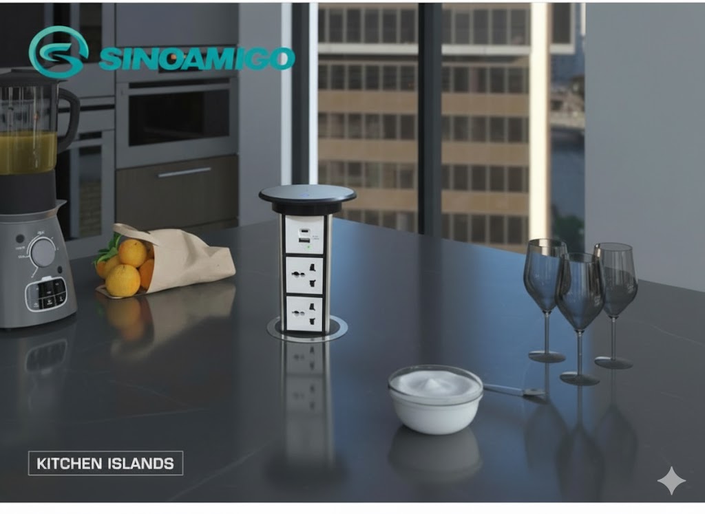 Ổ điện âm bàn đảo bếp hình trụ Sinoamigo SMT-4 màu bạc, đóng mở cảm ứng tự động, tích hợp sạc không dây