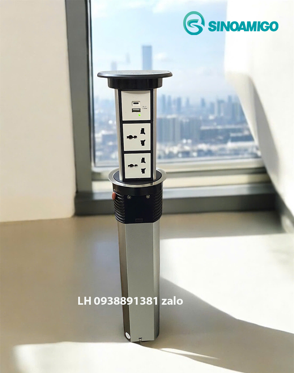 Ổ điện âm bàn đảo bếp Sinoamigo SMT-4S (bạc): Nâng hạ cảm ứng , tích sạc không dây 15W, chống nước IP54
