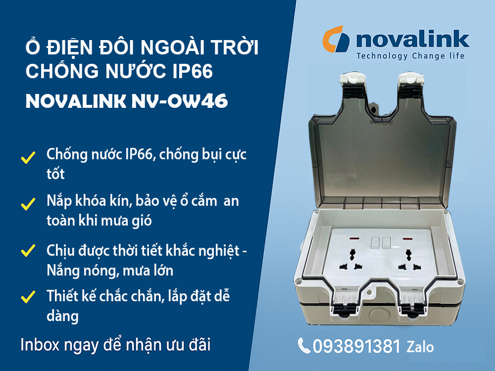 Hộp điện đôi ngoài trời chống nước IP66 Novalink NV-OW46, có công tắc