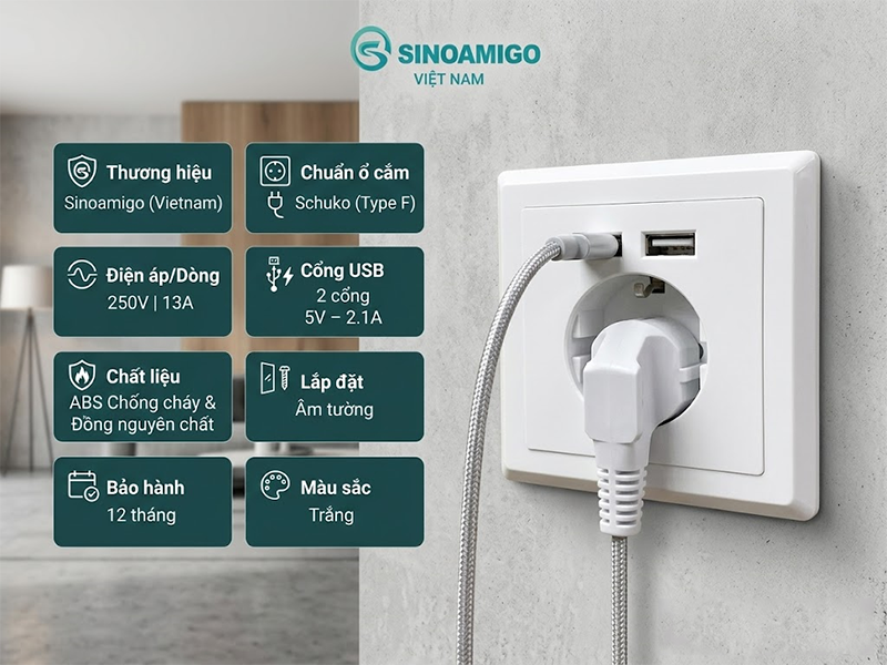 Ổ cắm điện Schuko &acirc;m tường c&oacute; 2 cổng USB sạc nhanh Sinoamigo SW-1EUA