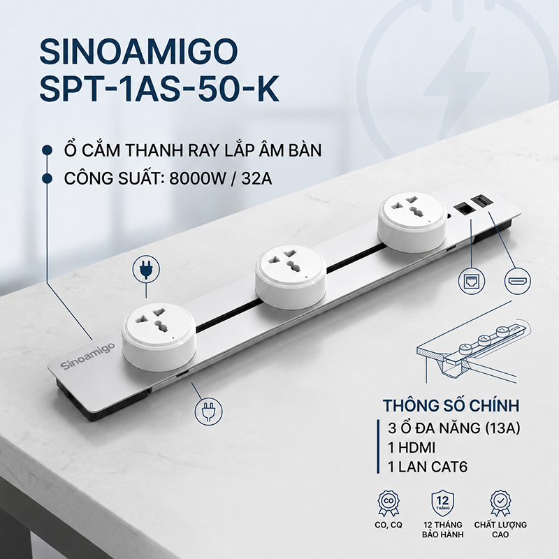 Ổ cắm thanh ray trượt &acirc;m b&agrave;n ph&ograve;ng họp t&iacute;ch hợp Điện HDMI LAN - Sinoamigo SPT-1AS-50-K