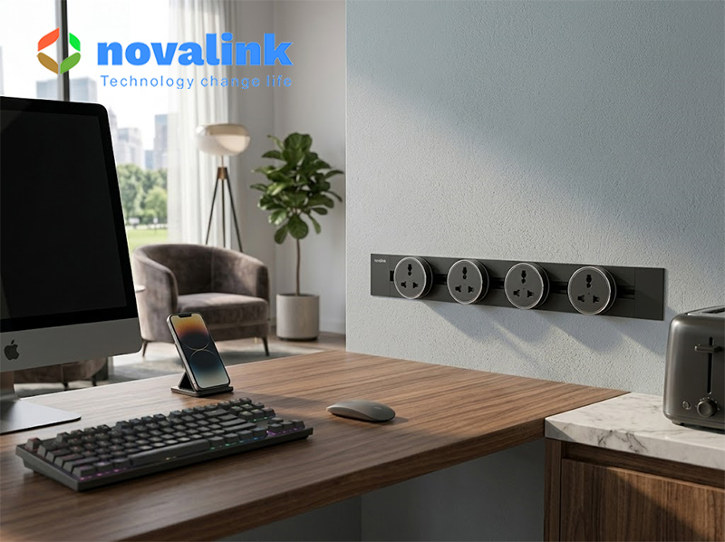 Hệ thống ổ điện ray trượt thông minh Novalink KZ02-04B màu đen, dài 60cm