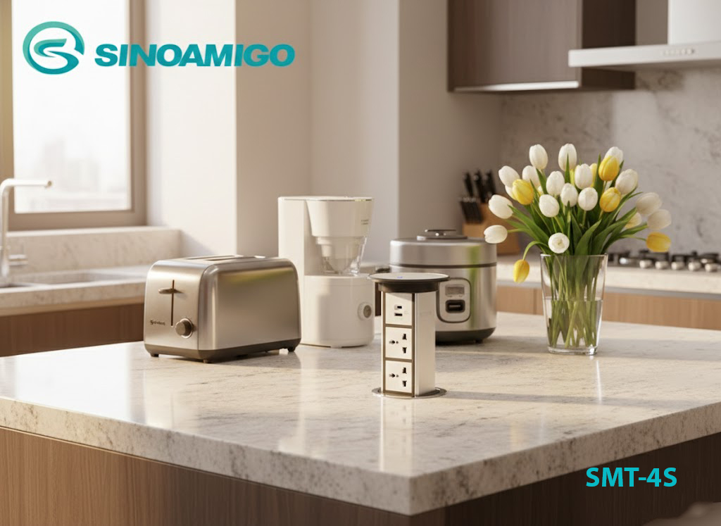 Ổ điện âm bàn đảo bếp hình trụ Sinoamigo SMT-4 màu bạc, đóng mở cảm ứng tự động, tích hợp sạc không dây