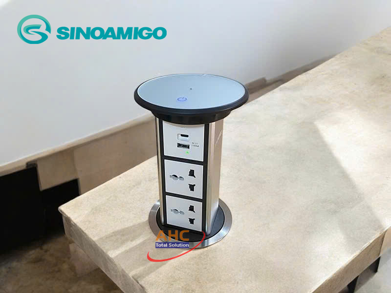 Ổ điện âm bàn đảo bếp hình trụ Sinoamigo SMT-4 màu bạc, đóng mở cảm ứng tự động, tích hợp sạc không dây