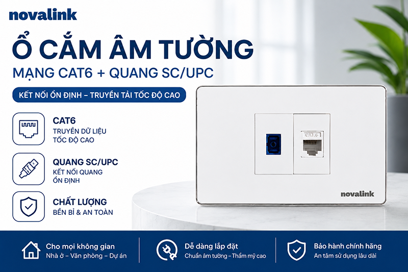 Ổ cắm âm tường mạng Cat6 + cổng quang SC/UPC cho hệ thống mạng tốc độ cao
