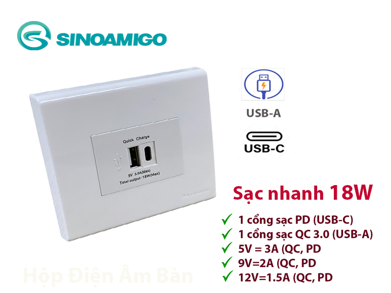 Sinoamigo P21-QC1: Ổ Cắm Sạc USB Type C Âm Tường Hình Vuông - Tích Hợp Công Nghệ Sạc Nhanh QC