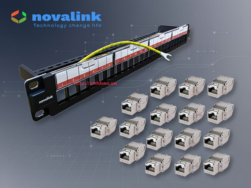 Patch panel Cat6A 16 cổng nhân rời, chuẩn lắp tủ rack 1U