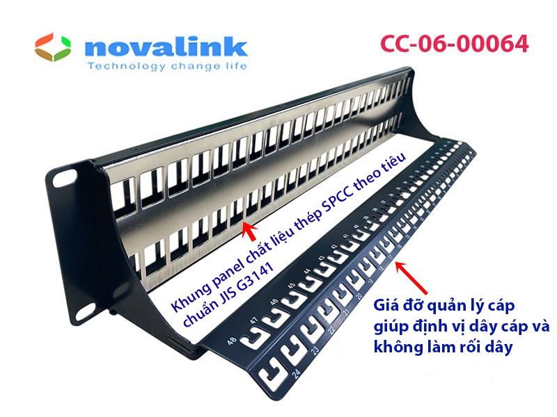 Patch panel 48 cổng Cat6 Novalink CC-06-00064 | Thanh đấu mạng chuẩn 19 inch cho tủ rack