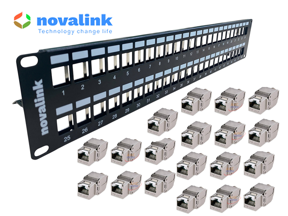 Patch panel Cat6A 48 cổng 2U, chuẩn tủ rack - Novalink CC-06-00064