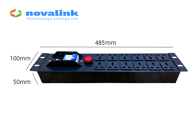 Thanh nguồn PDU 12 ổ cắm đa năng lắp ngang tủ rack có CB và đèn báo