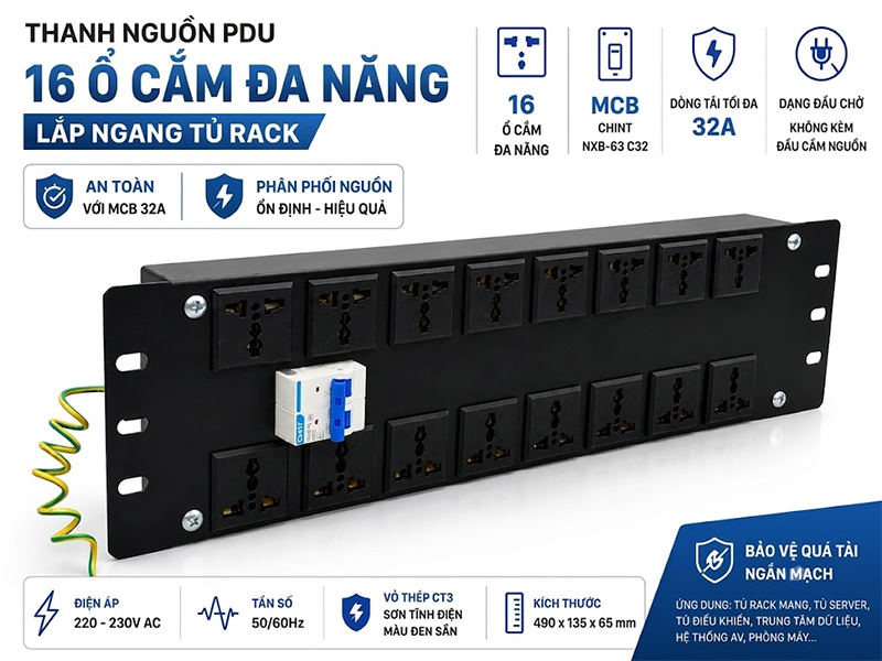 Thanh nguồn PDU lắp ngang 16 ổ cắm đa năng c&oacute; tai bắt tủ rack