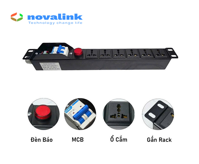 Thanh nguồn PDU 6 ổ cắm 3 chấu đa năng có đèn chuẩn 19 Inch kèm aptomat