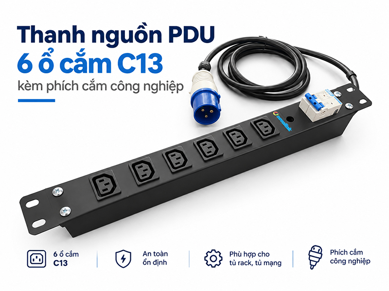 Thanh nguồn PDU 6 ổ C13 Novalink NV-66205A kèm dây 2m và phích cắm công nghiệp