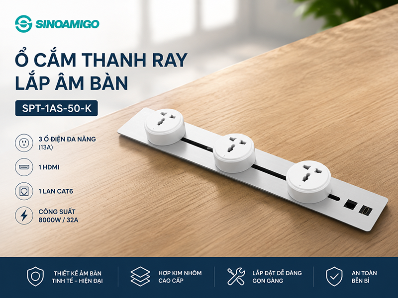 Ổ cắm thanh ray trượt &acirc;m b&agrave;n ph&ograve;ng họp t&iacute;ch hợp Điện HDMI LAN - Sinoamigo SPT-1AS-50-K