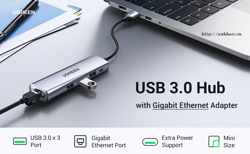 Bộ chia USB 3.0 ra 3 cổng USB 3.0 + Lan Gigabit 1000Mbps Ugreen 60719