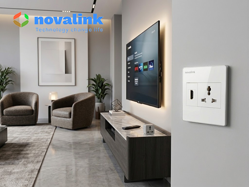 Ổ cắm điện 3 chấu đa năng v&agrave; HDMI &acirc;m tường Novalink ch&iacute;nh h&atilde;ng