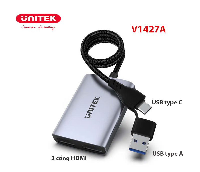 Cáp chuyển đổi USB type C + USB 3.0 sang HDMI Unitek V1427A01 chính hãng