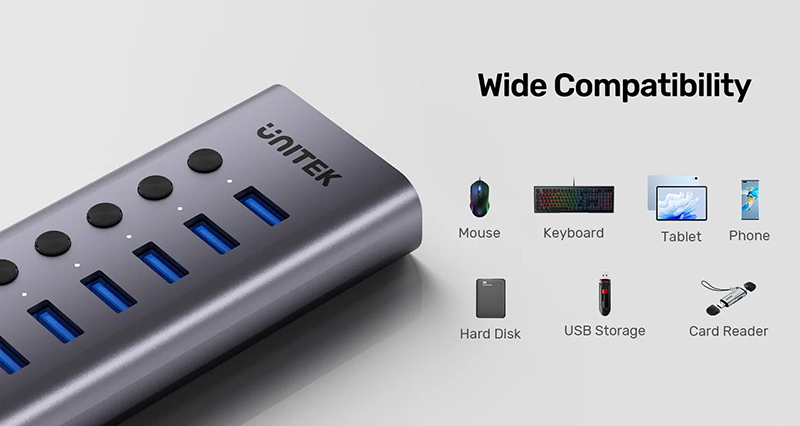 Hub USB 3.0 7 cổng có nguồn Unitek H1314A01-EU | Sạc nhanh 2.4A, công tắc riêng từng cổng