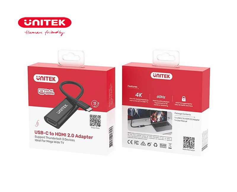 Bộ chuyển đổi USB-C to HDMI 2.0 Unitek V1421A, xuất hình 4K 60Hz cho laptop