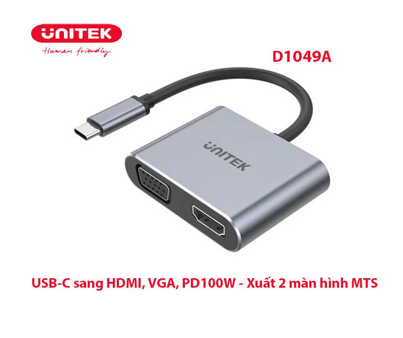 Cáp chuyển đổi USB-C ra HDMI, VGA sạc nhanh PD100W Unitek D1049A - Hỗ trợ MST, HDMI 4K, VGA