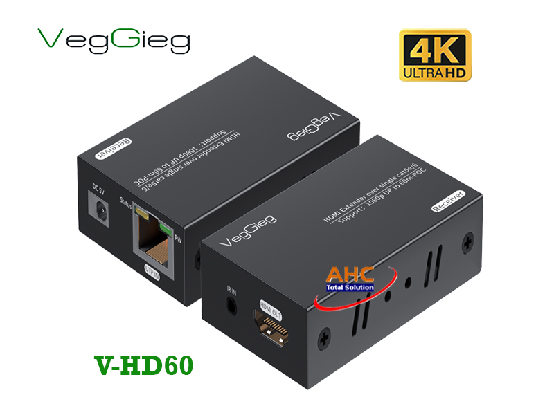 Bộ Kéo Dài HDMI 60m Qua Cáp Mạng LAN V-HD60 VegGieg - Hỗ trợ 4K