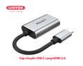 Cáp chuyển đổi USB-C sang HDMI 4K 60Hz Unitek Y-6316 - Hỗ trợ HDMI 2.0, HDCP 2.2