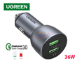 Tẩu sạc nhanh ô tô Ugreen 10144, QC3.0 36W 2 cổng USB - Hàng chính hãng