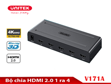 Bộ chia HDMI 1 ra 4 Unitek V171A, chuẩn 2.0 hỗ trợ 4K@60Hz, cổng âm thanh 3.5mm