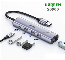 Bộ chia USB 2.0 ra 3 cổng USB + 1 cổng mạng Lan RJ45 kèm nguồn USB-C Ugreen 20900 chính hãng