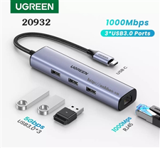 Cáp chuyển USB type C ra 3 cổng USB 3.0 + 1 cổng Lan Gigabit Ugreen 20932 cao cấp