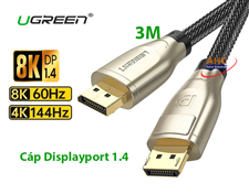 Cáp DisplayPort 1.4 Ugreen 60844 3m - Hỗ trợ 8K@60Hz, 4K@144Hz, chơi game, đồ họa