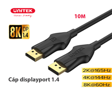 Cáp DisplayPort 1.4 UNITEK C1624BK 10m - Hỗ trợ 8K 60Hz, 4K 144Hz, 240Hz gaming