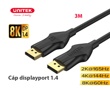 Cáp DisplayPort 1.4 UNITEK C1624BK-3M - Truyền tải hình ảnh 8K, 240Hz gaming mượt mà