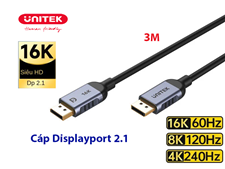 Cáp DisplayPort 2.1 Unitek C1626GY01-3M - Hỗ trợ 16K, 8K@120Hz, 4K@240Hz